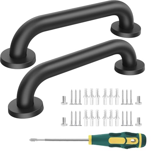 12 Inch Shower Grab Bars, 2 Pack - Anti-Slip Stainless Steel Bathroom Safety Handles for Elderly & Handicap, 304 Steel, Black, Knurled Grip（Black 12in-2-Sets）