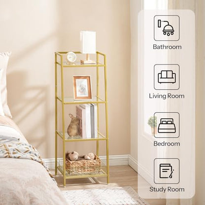 HOOBRO Gold Glass Shelf Stand, 4 Tier Standing Shelf Unit, Bathroom Organizer and Storage, Floor Storage Shelves Waterproof, for Bathroom, Laundry, Toilet, Tempered Glass, Gold GD79CJ01 - size: 15" L x 11.8" W x 42.1" H