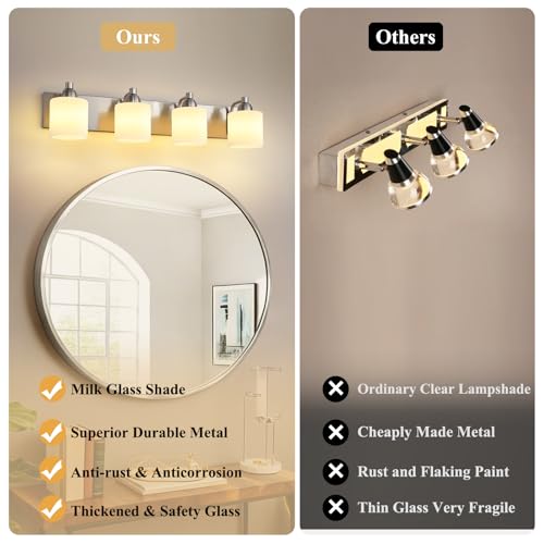 Mecgirn Stainless Steel Milk Glass Bathroom Vanity Light Over Mirror, 4 Light Brushed Nickel Bathroom Light Fixtures with Frosted Glass, Modern Vanity Lighting Wall Mount - color: Brushed Nickel, size: 4 Light