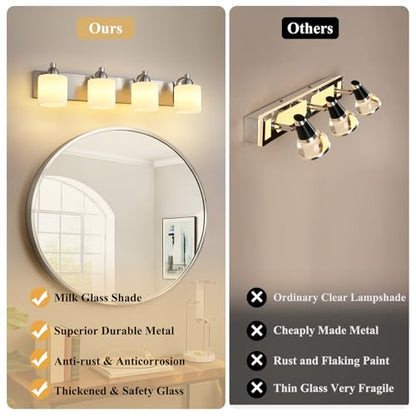 Mecgirn Stainless Steel Milk Glass Bathroom Vanity Light Over Mirror, 4 Light Brushed Nickel Bathroom Light Fixtures with Frosted Glass, Modern Vanity Lighting Wall Mount - color: Brushed Nickel, size: 4 Light
