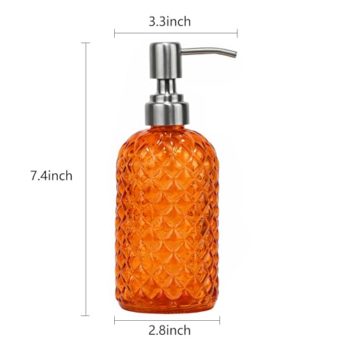 16 oz Diamond Pattern Glass Soap Dispenser, Kitchen and Bathroom Refillable Soap Dispenser with Rust Resistant Stainless Steel Pump for Hand Soap, Lotion Glass Liquid Dispenser (2pack) - color: Orange-2pack