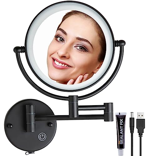 Wall Mounted Magnifying Makeup Mirror, 5X, Light, Matt Black, Rechargeable | Brass Extended Arm, 360 Rotation 8" Shaving Vanity for Bathroom, No Pre-Installed Wire, SEALANT FIX