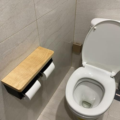 Wooden Toilet Paper Holder, Wood Wall Mount Toilet Paper Holder, Large Toilet Paper Holder Wall Mounted with Storage - color: Wood White&black, size: Full