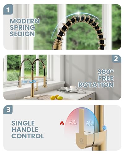 Gold Kitchen Faucet Soap Dispenser, Faucet for Kitchen Sink, Kitchen Sink Faucet with Deck Plate, RV Kitchen Faucet with Pull Down Sprayer and Dual Function Spray Head - color: C-Brushed Gold, style: Classic