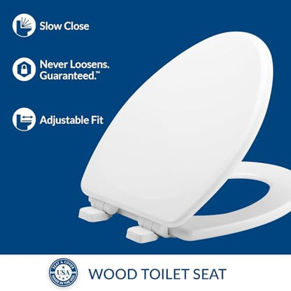 Mayfair Linden Slow Close Toilet Seat, Non Slip Heavy Duty Wood, Easy Install, Elongated, White - size: Elongated
