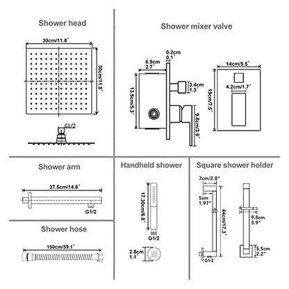 Hoimpro 12 Inch Matte Black Shower System with Adjustable Slide Bar, Square Rain Shower Head and Wand Wall Mounted, Rainfall Shower Faucet Fixture Combo Set, 2 in 1 Handheld Showerhead for Bathroom