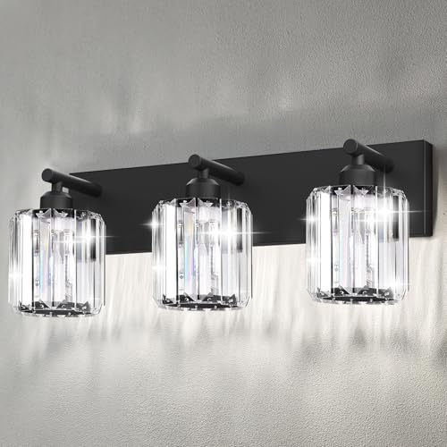 Black Crystal Bathroom Vanity Light, 3-Light Modern Bathroom Lighting Fixtures Over Mirror, Matte Black Wall Sconce Light Fixtures with Round Shade - color: Black-Round Shade, size: 3-LIGHT