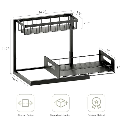 Under Sink Organizer and Storage, Slide Out Cabinet Organizer, Pull Out Sink Shelf for Kitchen Bathroom Laundry, 2 Pack Black