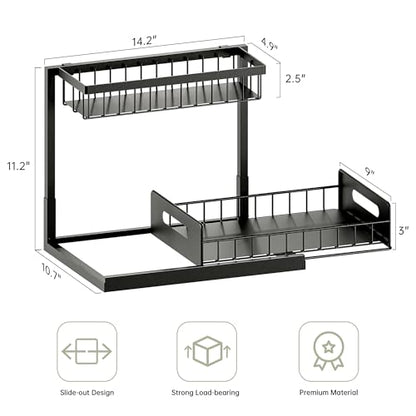 Under Sink Organizer and Storage, Slide Out Cabinet Organizer, Pull Out Sink Shelf for Kitchen Bathroom Laundry, 2 Pack Black