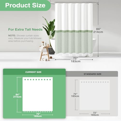 Dynamene Extra Long Shower Curtains, 84 Inch Long Farmhouse Boho Striped Fabric Tassel Shower Curtain for Bathroom, Tall Bohemian Textured Cloth Shower Curtain Set with Hook, Sage Green, 72x84 - color: A. Sage Green, size: 72"W x 84"L (Pack of 1)