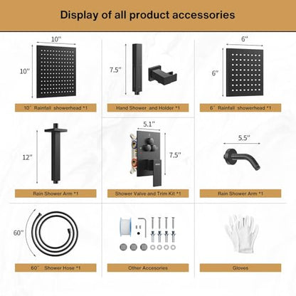 VANFOXLE Shower System Matte Black Shower Faucet Set, Push Button Diverter | 10 inch ceiling mount rain head Increased Thick, 6 inch side head, 2-in-1 handheld sprayer, solid brass valve, rust resistant - color: Matte Black, style: 10"+6" Head