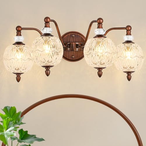 Vintage Bathroom Vanity Light, 4-Light Antique Red Bronze Finish Wall Sconce with Globe Glass Shades, Retro Mirror Light for Bathroom, Powder Room - color: Antique Red Bronze, size: 4 Light