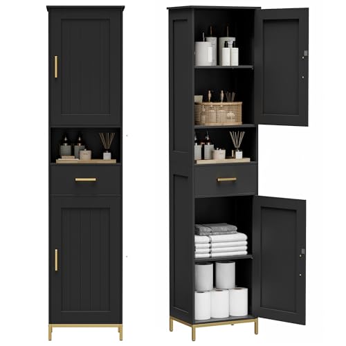 Homhedy 67" H Bathroom Storage Cabinet, Tall Bathroom Cabinet, Black | Narrow Cabinet with Doors and Drawer, Adjustable Shelves, Floor Cabinet for Bathroom, Living Room, Kitchen, Dining Room - color: Black