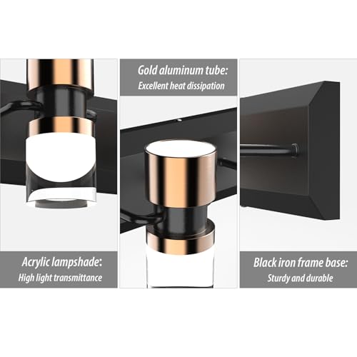 LED Bathroom Vanity Light Fixtures, 2 Light Black and Gold Wall Sconces Lighting, Modern Bathroom Light Fixtures, Led Wall Lamp for Mirror Living Room Bedroom Dressing Table Bar