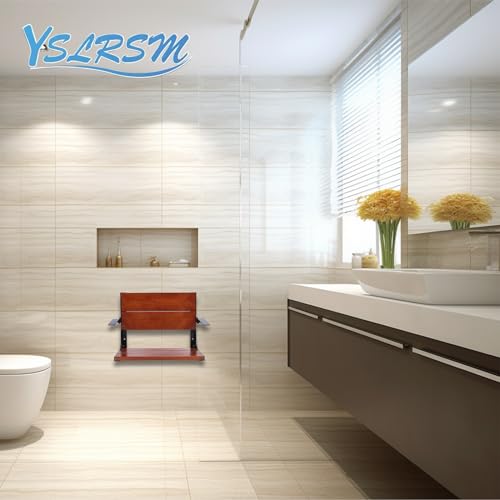 Folding Shower Seat Wall Mounted with Arms and Back, 20 x 15 in Fold Down Shower Chair for Seniors Adults, Wood Shower Bench with Black Frame, Fold Up Seat for Inside (20 * 15 INCH)