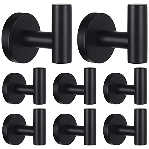 Bathroom Robe Towel Hooks Coat Matte Black Wall Hook Stainless Steel Heavy Duty Door Hanger Towel Robe Clothes Cabinet Closet Sponges Hook for Bathroom Bedroom Kitchen Hotel Pool 8 Packs - color: Black, size: 8