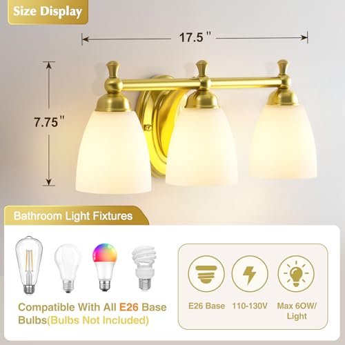 EJIAXIN 3 Light Bathroom Vanity Light,Gold Bathroom Lighting Fixtures Over Mirror Modern Bathroom Light Fixtures for Living Room Bathroom Bedroom Cabinet About Mirror - color: Gold