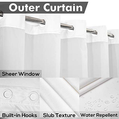 River Dream Extra Long No Hook Shower Curtain with Snap-in Liner, White | 71W x 86H, Snap on/off Waterproof PEVA Liner, See Through Top Window, Slub Textured, XL Hotel Style Shower Curtain Set - color: White, size: 71"W x 86"L (Pack of 1)