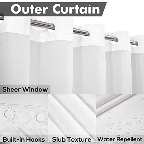 River Dream Long No Hook Slub Textured Shower Curtain with Snap-in PEVA Liner Set - 71" x 77"(75"), Hotel Style with See Through Top Window, Fabric Curtain & Waterproof Liner, White, 71x77 | Snap on/off Waterproof PEVA Liner, See Through Top Window, Slub