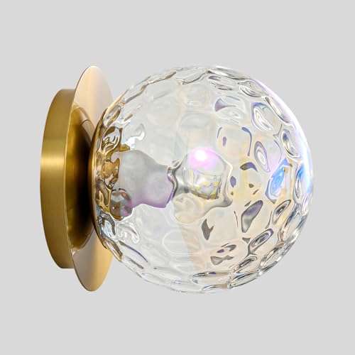 Modern Gold Globe Wall Sconce,Single Light with Stained Glass Shade | 6" Minimalist Spherical Vanity Sconces,Contemporary Small Brass Ball Lights Fixture for Entryway Bedside Bathroom,E26 Base - color: Gold - Hammered Stained Glass, size: 1-Light
