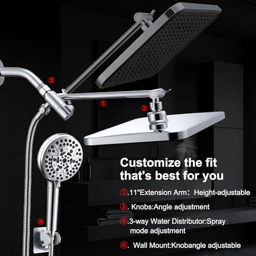14 Inch Rainfall Shower Head with Handheld Sprayer Combo, High Pressure 10 Spray Settings Dual Shower Head System, Anti-Clog Nozzles Easy Install for Low Water Pressure Bathroom - style: Modern