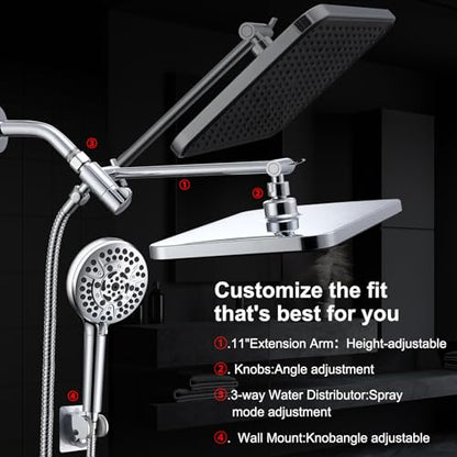 14 Inch Rainfall Shower Head with Handheld Sprayer Combo, High Pressure 10 Spray Settings Dual Shower Head System, Anti-Clog Nozzles Easy Install for Low Water Pressure Bathroom - style: Modern