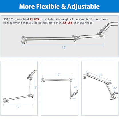 PDPBath Brass 16 Inch Shower Head Extension Arm, Upgrade Flexible Height & Angle Adjustable Shower Arm Extender with Lock Joints, for Fixed Shower Head & Handheld Shower Head, Chrome - color: Chrome, style: 6 Inch + 10 Inch