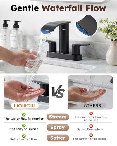 WOWOW Waterfall 4" Centerset 2-Handle Black Vanity Bathroom Faucet 3-Hole - color: Black