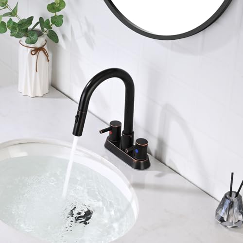 Oil Rubbed Bronze Bathroom Faucet with Pull Out Sprayer, Dual-Function Spout Bronze Bathroom Sink Faucets, 4 Inch Two Handle Utility Sink Faucet with Sprayer 3 Hole, Easy Pet Shower, RVs - color: Oil Rubbed Bronze
