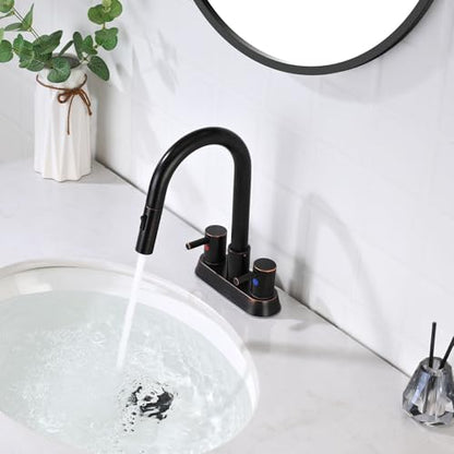 Oil Rubbed Bronze Bathroom Faucet with Pull Out Sprayer, Dual-Function Spout Bronze Bathroom Sink Faucets, 4 Inch Two Handle Utility Sink Faucet with Sprayer 3 Hole, Easy Pet Shower, RVs - color: Oil Rubbed Bronze
