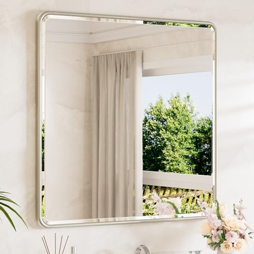 Brushed Nickel Vanity Mirror for Bathroom 36 x 36 Beveled Edge Tempered Glass, Rounded Corner Rectangle Wall Mirror for Modern Bathroom, Living Room, Bedroom, Entryway - color: Brushed Nickel, size: 36"L x 36"W