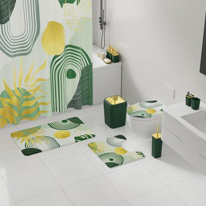Bathroom Set - 27PC Bathroom Sets with Shower Curtain and Rugs, Green Bathroom Set, Bathroom Accessory Set, Trash Can, Toilet Brush & 3 PC Soap Dispensers - color: Dark Green, size: Bath Set+Boho Shower Curtain+Bath Rugs