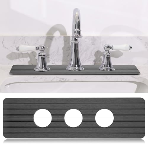 Teenyyou 3 Hole Gray Faucet Mat Kitchen Sink 15.94" x 4.92" | Bathroom Faucet Absorbent Mat,Diatomite Splash Guard,Quick Drying Drip Catcher,Hole 2.36",Holes Spaced About 1.65" - color: Gray, style: 3 Hole