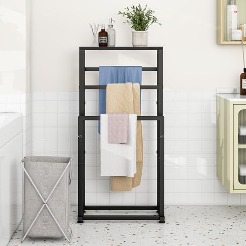 Free Standing Towel Rack for Bathroom, 3 Tier Metal Blanket Rack with Shelf, Blanket Drying and Display Rack for Oversized Bath Towels Bathroom Accessories, Next to Tub or Shower, Black