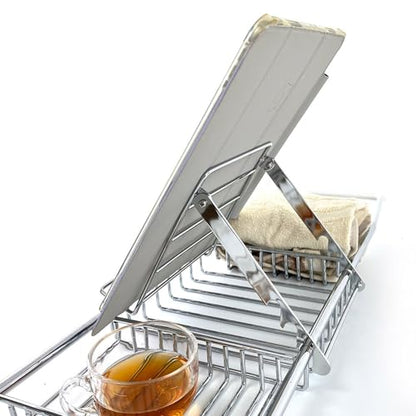 Yctze Stainless Steel Bathtub Tray, Adjustable Shower Tub Caddy with Extendable Sides & Removable Book Holder for Bathroom Accessories (Silver) - color: Silver