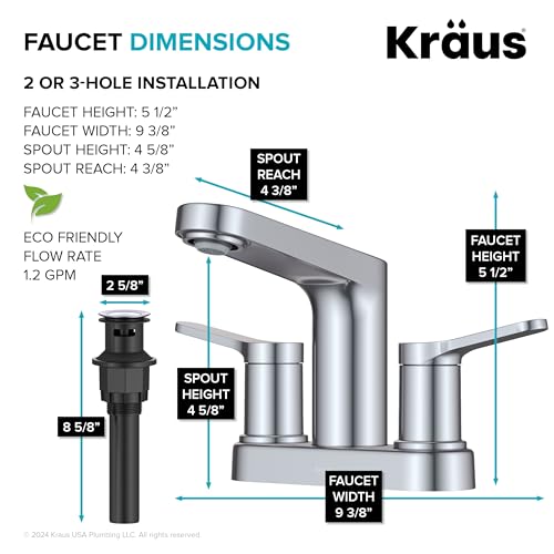 KRAUS Indy Centerset Bathroom Faucet in Chrome with 2 Handles, Pop Up Drain and Supply Lines, FUS14102CH - color: Chrome, style: Centerset