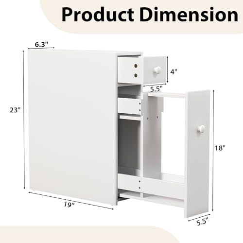 Tangkula Slim Storage Cabinet, Free Standing, with Slide Out Drawers, Narrow Floor Bathroom Organizer Next to Toilet, Toilet Paper Holder, 19 x 6.5 x 23 Inches (White) - color: White