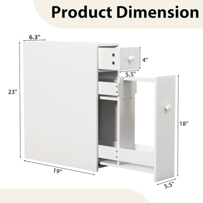 Tangkula Slim Storage Cabinet, Free Standing, with Slide Out Drawers, Narrow Floor Bathroom Organizer Next to Toilet, Toilet Paper Holder, 19 x 6.5 x 23 Inches (White) - color: White