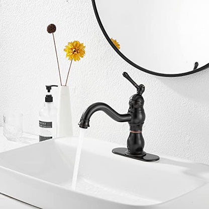 Oil Rubbed Bronze Bathroom Faucet GGStudy Bathroom Vanity Faucet Single Handle One Hole Bathroom Sink Faucet Basin Mixer Tap Matching Pop Up Drain with Overflow - color: Oil Rubbed Bronze, size: Short