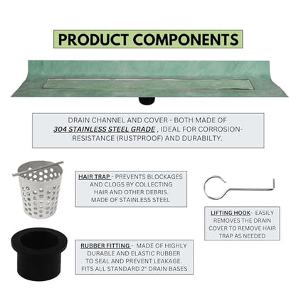 SereneDrains 304 Stainless Steel 24 Inch Invisible Tile in Shower Drain Kit Linear Shower Drains for Tile Floor Long Hair Catcher Strainer Grate Cover Bathroom (24 Inch) - size: 24 Inch