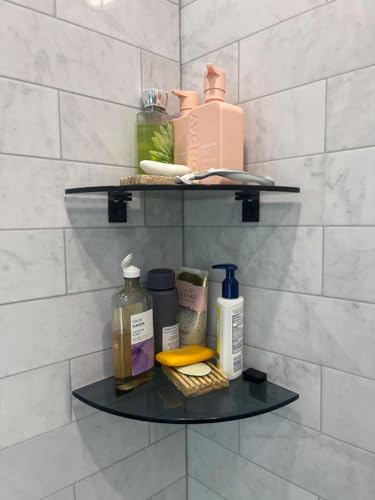 Bakzon 2-Pack Glass Shelf Shower Caddie, Shower Shelves for Inside Shower, Drilling Free Adhesive Wall Mounted Bathroom Organizer Shelves with Aluminium Brackets, Black - color: Black