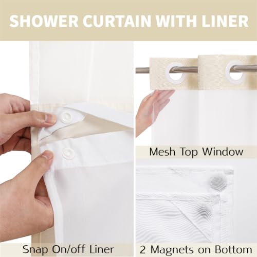 No Hooks Cream Boho Faux Linen Shower Curtain with Snap-in Liner Set, Textured Hotel Luxury Bathroom Curtain with See Through Top Window, Waterproof & Washable, 72x72 inches - color: Cream, size: 72"W x 72"L (Pack of 1), style: No Hooks