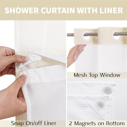No Hooks Natural Boho Faux Linen Shower Curtain with Snap-in Liner Set, Textured Hotel Luxury Bathroom Curtain with See Through Top Window, Waterproof & Washable, 72x84 inches - color: Cream, size: 72"W x 84"L (Pack of 1), style: No Hooks
