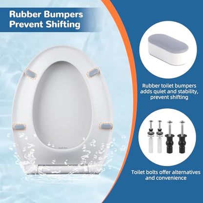 Universal Elongated/Oval Toilet Seat Soft-Close Cover, 4 PCS Toilet Bolts | White, One-Click Quick Release, Elongated Toilet Seat Replacement with Toilet Bumpers, Compatible with TOTO, Gerber, Kohler - style: 18.5" Elongated with 2 Sets of Bolts