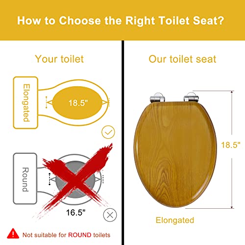Angel Shield Elongated Wooden Toilet Seat Quiet Close(Oak) | Quick Release Metal Hinges, Adjustable Fit for Standard Elongated Toilets, Easy to Install&Clean - color: Oak, size: Elongated