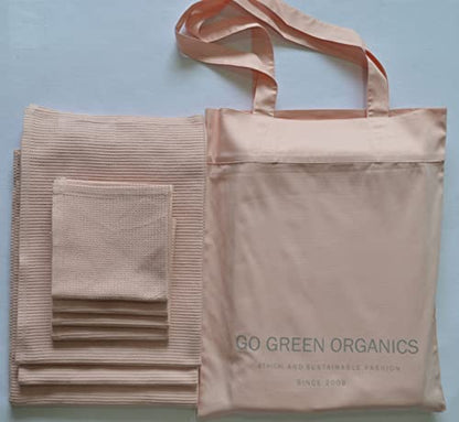 Waffle Bath Towel Set Organic Cotton GOTS Certified Pearl Blush Super ABSORBANT & Quick Dry NO SOFTENERS Environment Friendly 1xBATH 58x30.5, 2xHAND 29x20, 4xFACE 12x12INCH - color: Pearl Blush