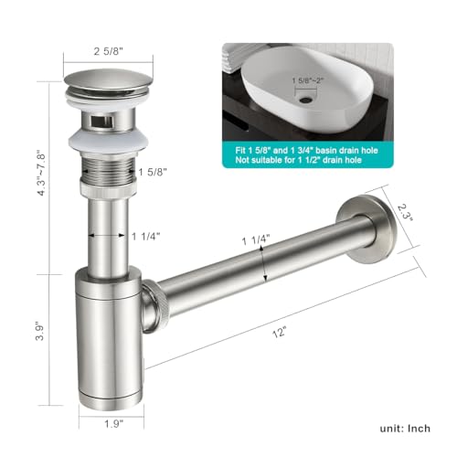Bathroom Basin Sink Waste P-Trap Drain Kit, Adjustable Bottle Trap with Pop Up Drain Stopper with Overflow, Brushed Nickel