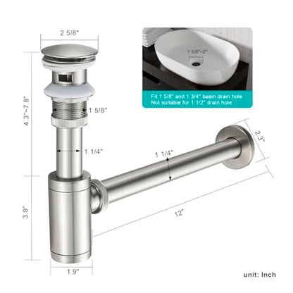 Bathroom Basin Sink Waste P-Trap Drain Kit, Adjustable Bottle Trap with Pop Up Drain Stopper with Overflow, Brushed Nickel