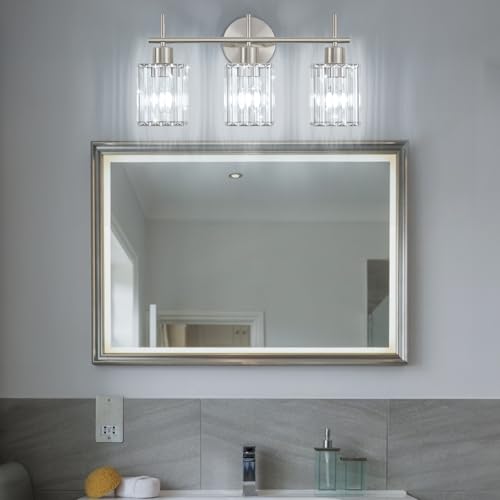 Brushed Nickel Bathroom Light Fixtures, Square, 3-Light | Vanity Lights with Crystal Shades, Modern Bathroom Lighting Fixtures over Mirror (Bulbs Not Included, E26) - color: Brushed Nickel (Square), size: 3-Light