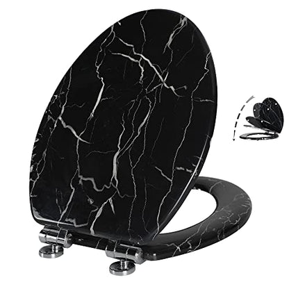 Angel Shield Marble Toilet Seat Durable Molded Wood with Quiet Close,Easy Clean，Quick-Release Hinges (Elongated,Black Marble) - color: Black Marble-Elongated, size: Elongated-18.5”